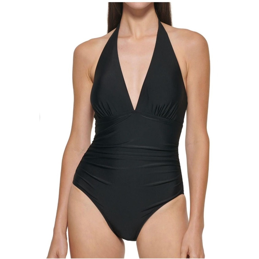 DKNY One Piece Swimsuit Medium Black Halter Ruched Slimming Swimwear